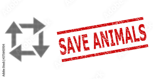 Recycle halftone dotted pictogram and Save Animals unclean stamp imitation. Stamp includes Save Animals tag between parallel lines.