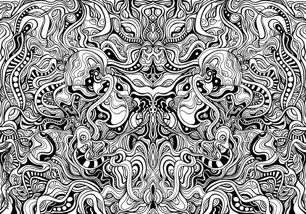 Black and white shamanic abstract symmetrical psychedelic ornaments coloring page.