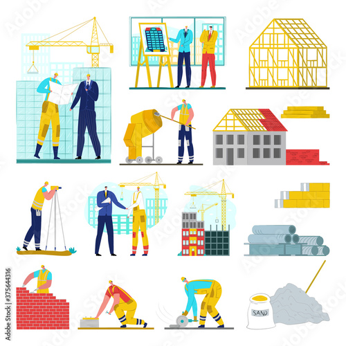 Building construction site, crane, workers architects, engineering vector illustrations set. House constructions development. City industry business in urban architecture, equipment and technology.