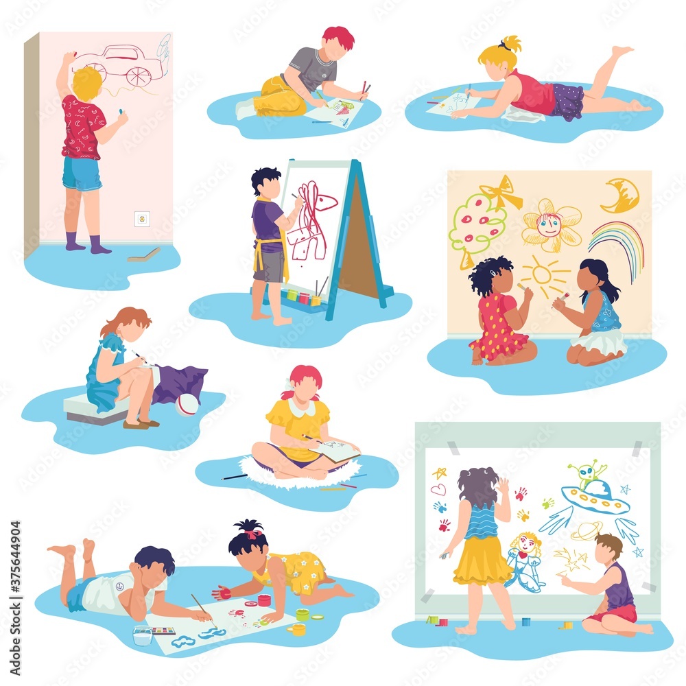 Kids drawing with crayons vector illustrations set. Little children draw pictures pencils and paints laying on floor. Kid lying on her stomach and making drawing on paper. Art, education in preschool. Kids drawing with crayons vector illustrations set. Little children draw pictures pencils and paints laying on floor. Kid lying on her stomach and making drawing on paper. Art, education in preschool.