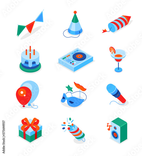Birthday party - modern colorful isometric icons set