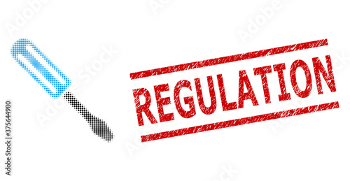 Screwdriver halftone dotted vector and Regulation dirty stamp print. Stamp includes Regulation text between parallel lines.