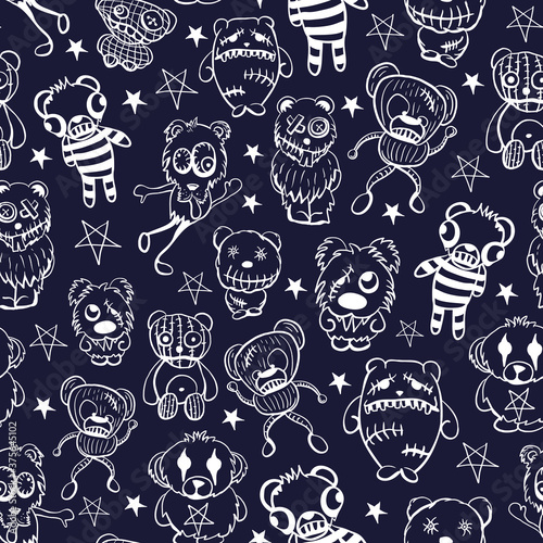 Vector white teddies aliens dark seamless pattern