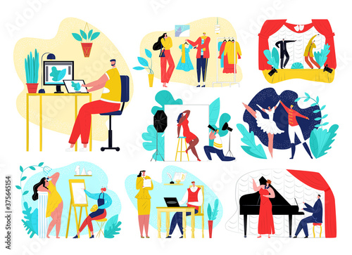 Creative professions people cartoon icons set of vector illustrations. Artist, designer, sculptor, photographer and actor, dancer. Characters with creative professions, artwork and culture, freelance.