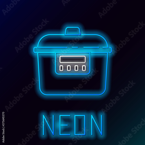 Glowing neon line Slow cooker icon isolated on black background. Electric pan. Colorful outline concept. Vector.