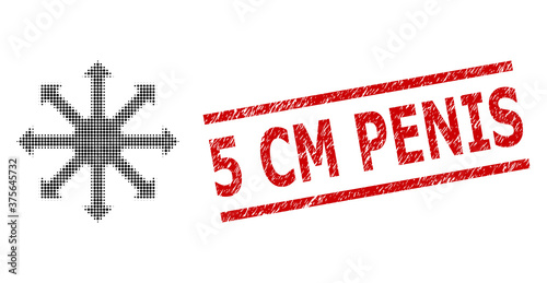 Radial arrows halftone dotted illustration and 5 Cm Penis scratched stamp print. Stamp includes 5 Cm Penis text between parallel lines.