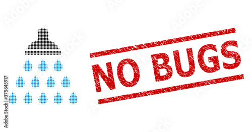 Shower halftone dotted vector and No Bugs grunge stamp print. Stamp seal includes No Bugs tag between parallel lines. Shower vector is created with halftone pattern which contains round elements.