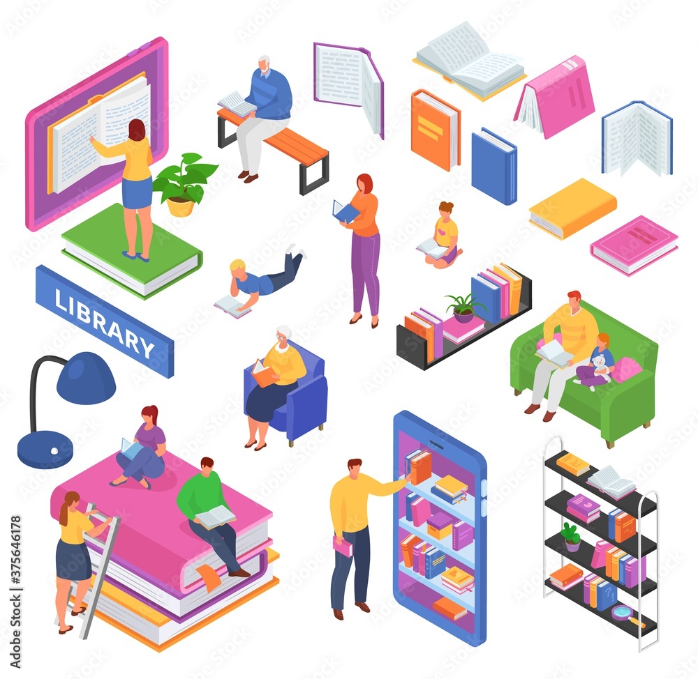 Isometric reading book concept of learning, read books in the library, classroom, education flat design vector illustrations set. Readers in university, students, open and closed textbooks, bookshelf.