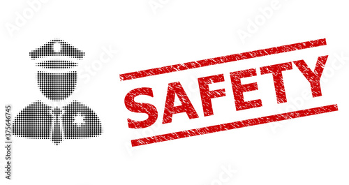 Police guy halftone dotted vector and Safety rubber stamp seal. Stamp seal includes Safety caption between parallel lines. Police guy vector is made of halftone pattern which contains circle dots.