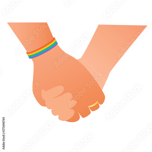 Gay or lgbtq couple holding hands as homosexuality and tolerance concept, flat vector stock illustration with wedding ring isolated on white background