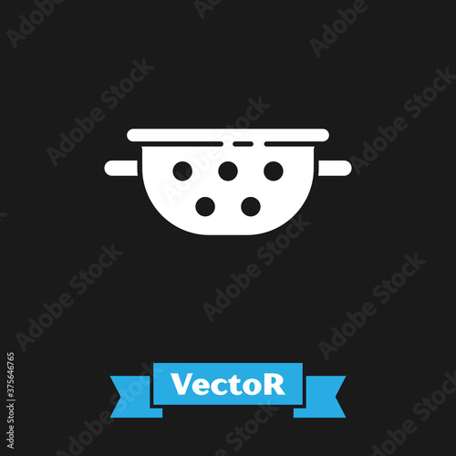 White Kitchen colander icon isolated on black background. Cooking utensil. Cutlery sign. Vector.