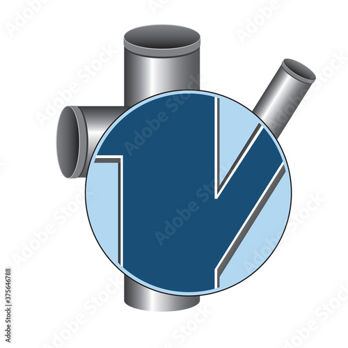 Pipe inside or pipeline under magnifying glass or loupe isolated on white background for design, vector stock illustration with cutaway pipe as logo or emblem