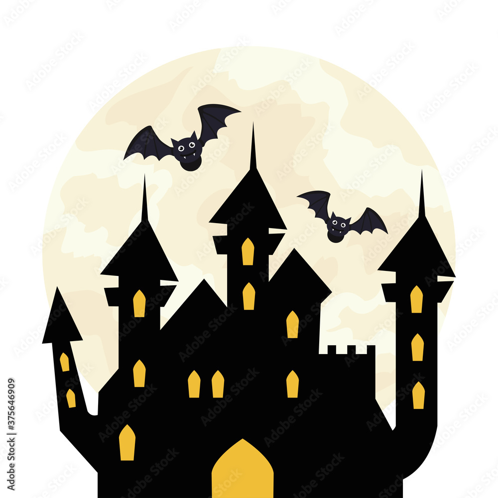 halloween, haunted castle with bats flying in white background vector illustration design