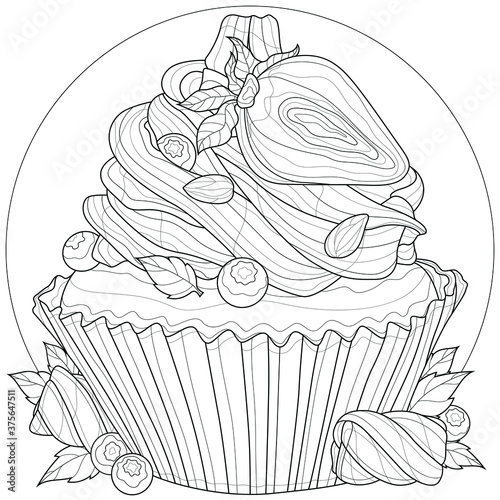 Cupcake with strawberries, blueberries, marshmallows and almonds.Tasty dessert.Coloring book antistress for children and adults. Outline style. Black and white drawing