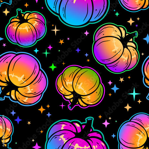 seamless pattern of cool multicolored pumpkins