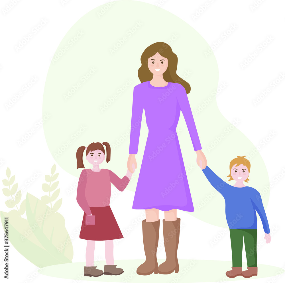 A young woman of European appearance with two children. The son and daughter hold the mother's hand. The concept of motherhood and happy childhood. Vector flat design A young woman of European appearance with two children. The son and daughter hold the mother's hand. The concept of motherhood and happy childhood. Vector flat design