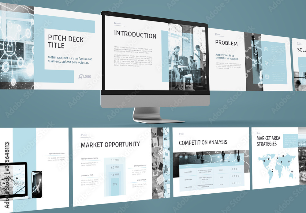 Pitch Deck Blue and Grey Design Layout Stock Template | Adobe Stock