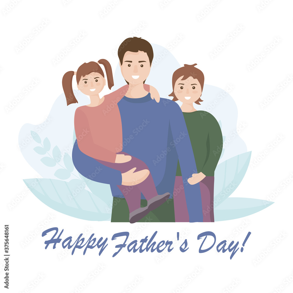 Portrait of a happy family. Father with two children, son and daughter. Celebrating Father's Day. People smile. Notion of love, family values and raising children. Vector flat design Portrait of a happy family. Father with two children, son and daughter. Celebrating Father's Day. People smile. Notion of love, family values and raising children. Vector flat design