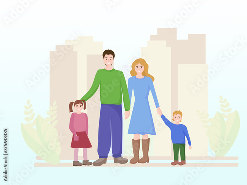 Portrait of a happy family, against the background of a large city with high-rise buildings. Daddy, mother and two children son and daughter. People smile. Notion of love and family values. Vector