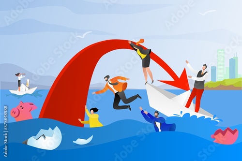 Business problem, work, career and financial crisis concept, vector illustration. Company and business to survive, businessman falling in economic collapse, sea of problems. Financial fall.