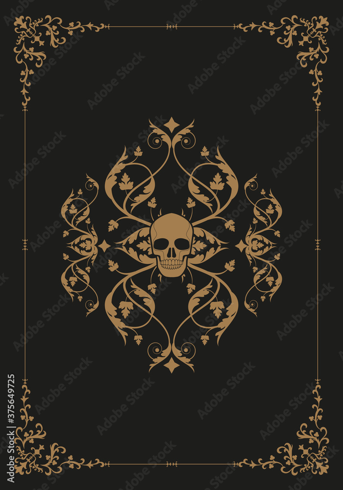 Frame illustration ornamental background with terrifying symbols. Skulls and vampires. Halloween party