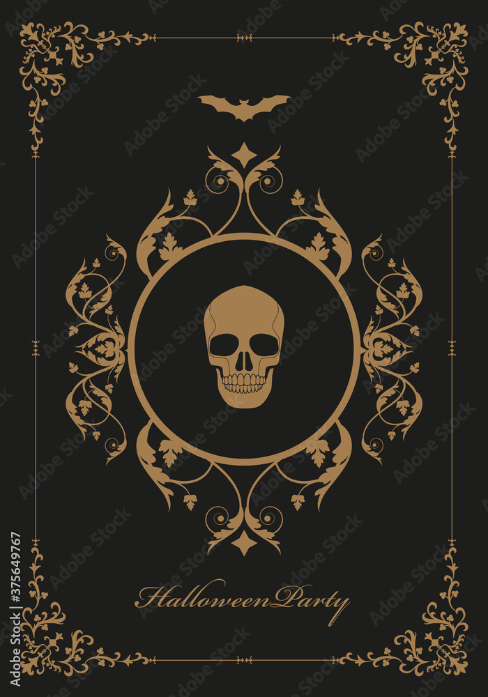 Frame illustration ornamental background with terrifying symbols. Skulls and vampires. Halloween party