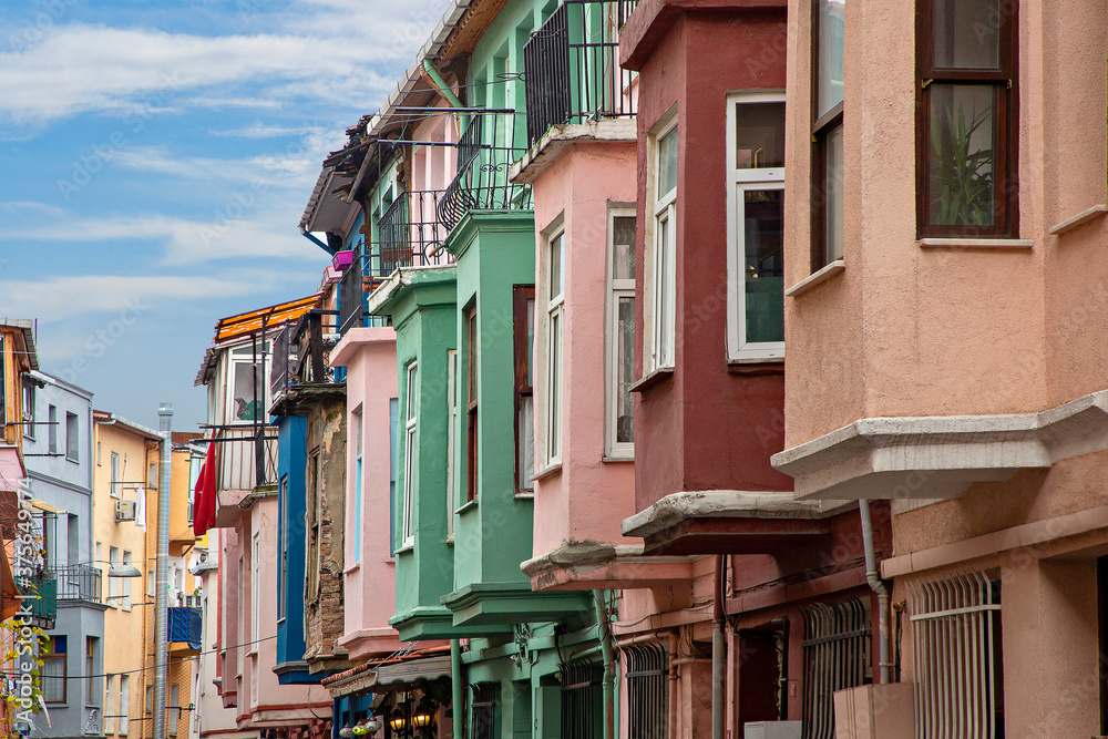 Colorful historical houses in the old neighborhood of Balat in Istanbul, Turkey