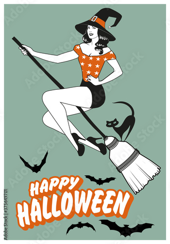 Beautiful pinup witch flying on a broom with a black cat. Happy Halloween text surrounded by bats.