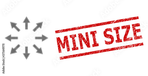 Radial arrows halftone dotted vector and Mini Size rubber stamp print. Stamp includes Mini Size text between parallel lines.