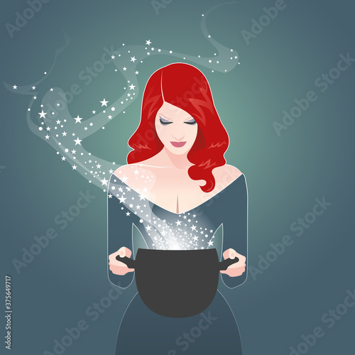 Beautiful retro styled red-haired girl holding a magic cauldron. Vintage witch casting a spell