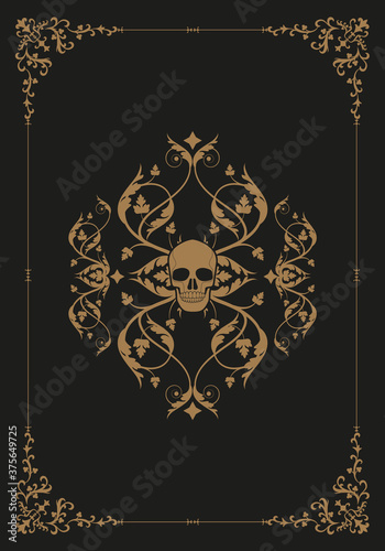 Frame illustration ornamental background with terrifying symbols. Skulls and vampires. Halloween party