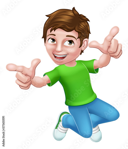 A happy boy kid child cartoon character pointing and jumping