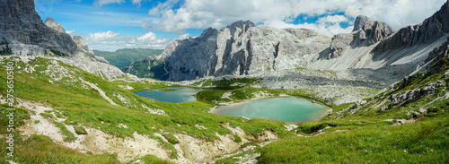 Panoramic view of Laghi dei Piani on a summer day, Cime di Lavaredo, Rifugio Locatelli, Dolomites, Unesco, Sudtirol, Trentino Alto Adige, Italy