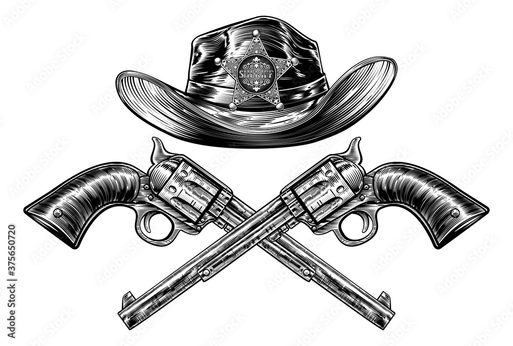 A cowboy western hat with sheriff star badge and pair of crossed pistol ...