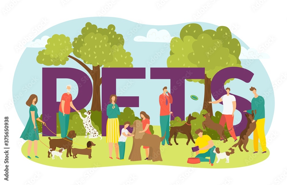 Happy owners with dogs, cute puppies domestic animals and lettering pets vector illustration isolated. Man and woman walking with dog outdoors at park, children with pet friend in summer time.