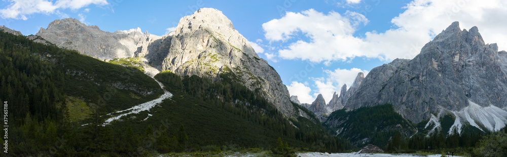 Val Fiscalina panoramic view on late evening in a summer day. Dolomites, Unesco, Trentino Alto Adige, Sudtirol, Italy Val Fiscalina panoramic view on late evening in a summer day. Dolomites, Unesco, Trentino Alto Adige, Sudtirol, Italy