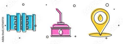 Set Industry metallic pipes and valve, Canister for motor machine oil and Refill petrol fuel location icon. Vector.