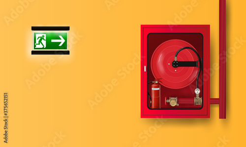 Vector of fire water hose and fire extinguisher in cabinet and green exit sign plate on yellow wall. 
