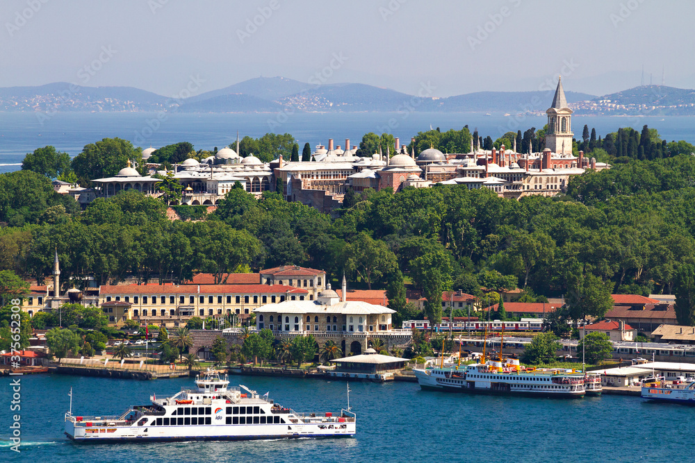 Aerial view over the Topkapi Palace from Golden Horn, Istanbul, Turkey