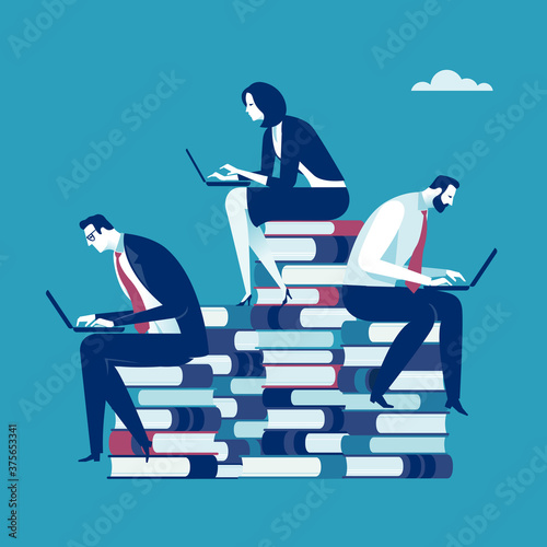 Learning. Education. The business team is sitting on a large stack of books and working on laptop. Business vector illustration.