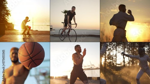 Multiscreen collage active and attractive people, concept of healthy lifestyle. Diverse men and women workout outdoors. Split screen various sports, skateboarding, cycling, martical arts and fencing