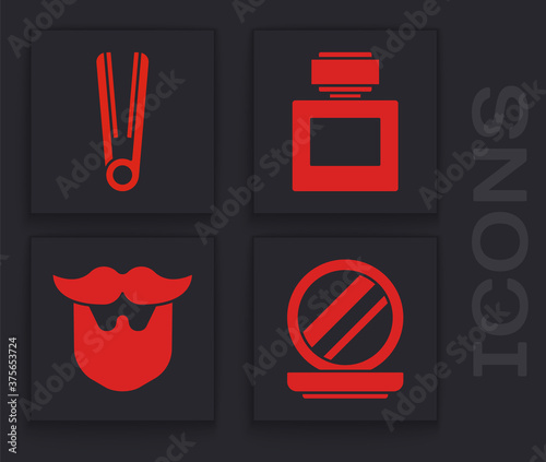 Set Makeup powder with mirror, Curling iron for hair, Aftershave and Mustache and beard icon. Vector.