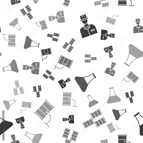 Set Oilman, Barrel oil, Oil petrol test tube and Barrel oil leak on seamless pattern. Vector.