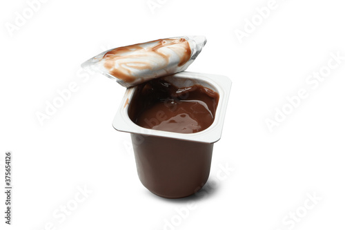 Foto Plastic cup of yogurt isolated on white background