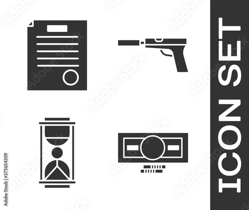 Set Stacks paper money cash, The arrest warrant, Old hourglass with sand and Pistol or gun with silencer icon. Vector.