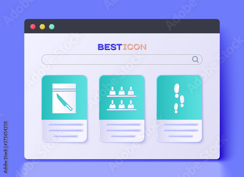 Set Jurors, Evidence bag and knife and Footsteps icon. Vector.