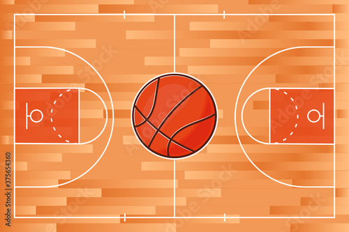 Realistic basketball court and ball, with line on wood texture background. Vector stock illustration.