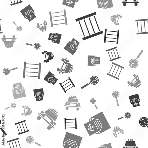 Set Prison window, Subpoena, Magnifying glass with search and Police car and flasher on seamless pattern. Vector.