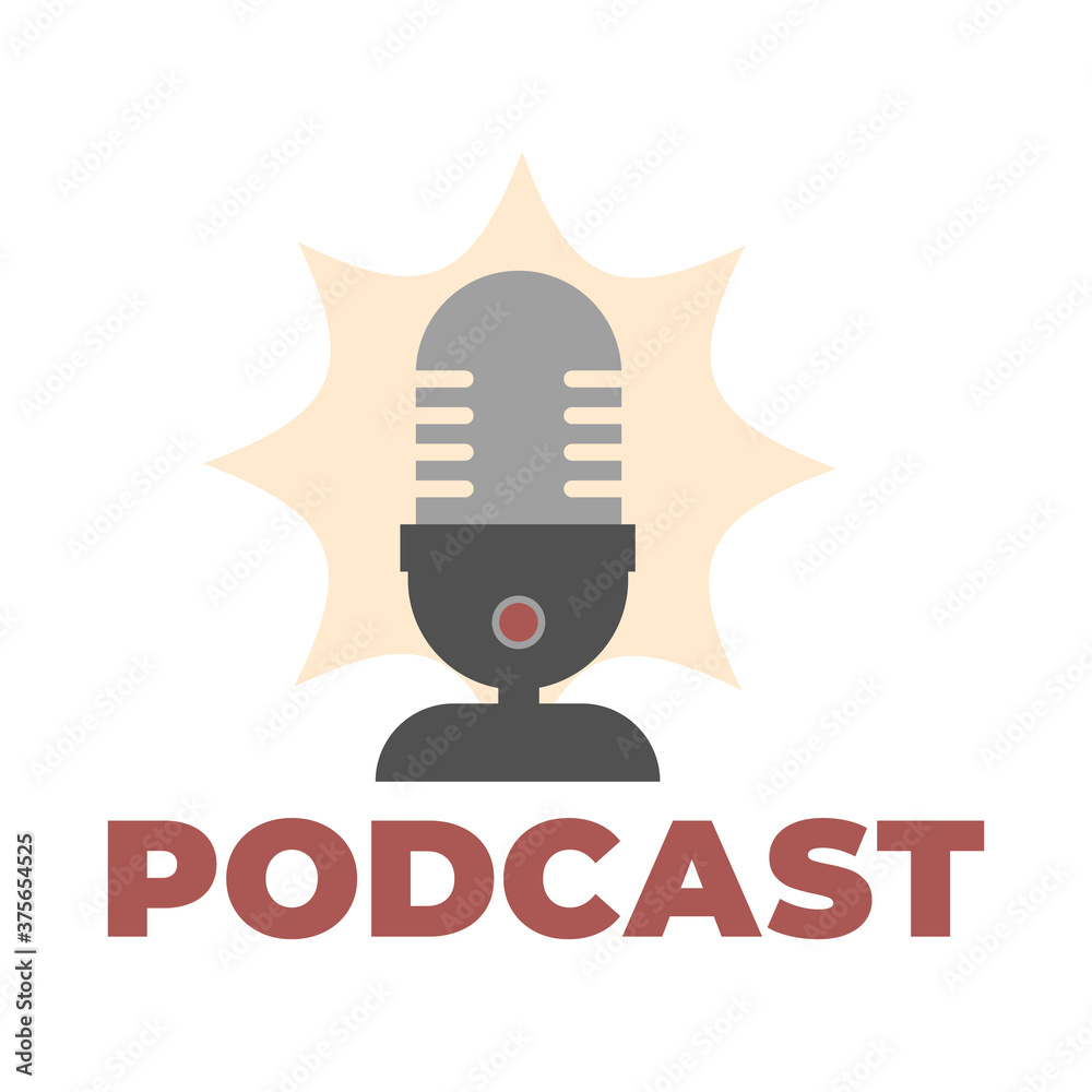Fototapeta premium Podcast microphone icon isolated on white background. Concept logo podcasting interview. Cartoon flat style. Vector colorful illustration.