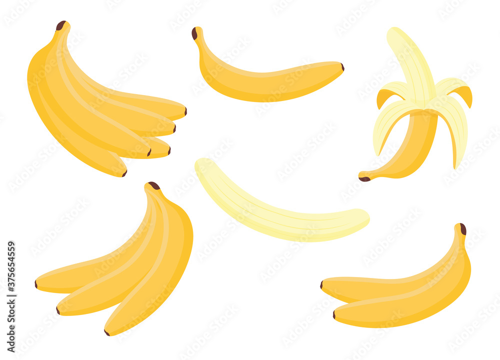 Set peeled and bunch of bananas isolated on white background. Tropical fruits, banana snack or vegan nutrition. Cartoon set vector illustration.